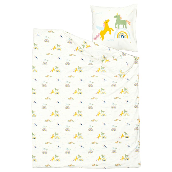 A white duvet cover and pillowcase with colourful unicorns and rainbows on it. The set is called BARNDRÖM.