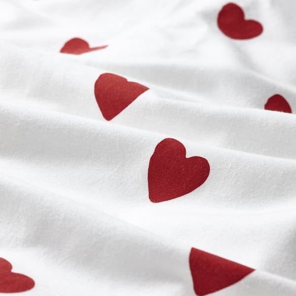 BARNDRÖM Duvet cover and pillowcase, white red/heart pattern flannel, 140x200/80x80 cm