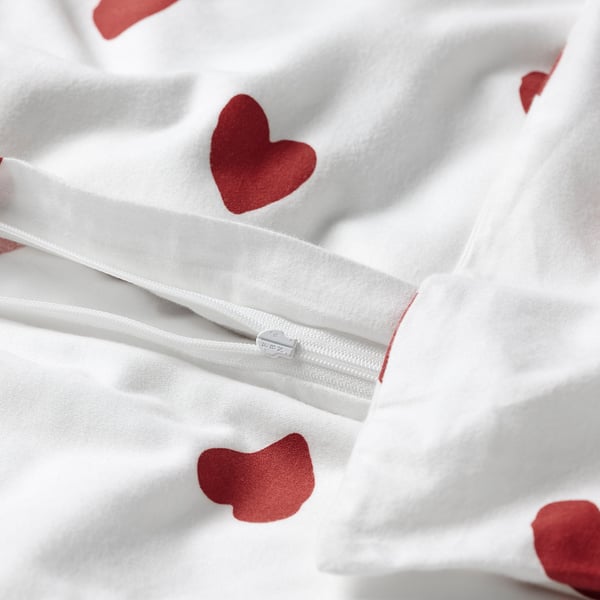 BARNDRÖM Duvet cover and pillowcase, white red/heart pattern flannel, 140x200/80x80 cm