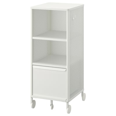 BEKANT white rolling storage unit, metal, rectangular, perforated design, shelves, cabinet, casters.