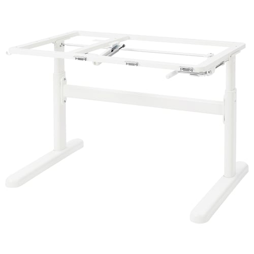 BERGLÄRKA white adjustable desk base, sturdy metal frame with plastic feet, rectangular design.