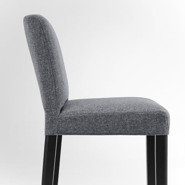 Single grey upholstered bar stool with high back and black legs, stylish and comfortable.