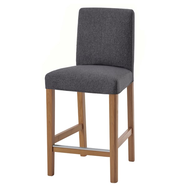Grey BERGMUND barstool with wooden legs and padded seat and back.
