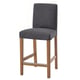 Grey BERGMUND barstool with wooden legs and padded seat and back.