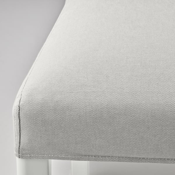 Close-up of light grey fabric upholstered chair with clean lines, showcasing its textured weave and comfortable cushion.
