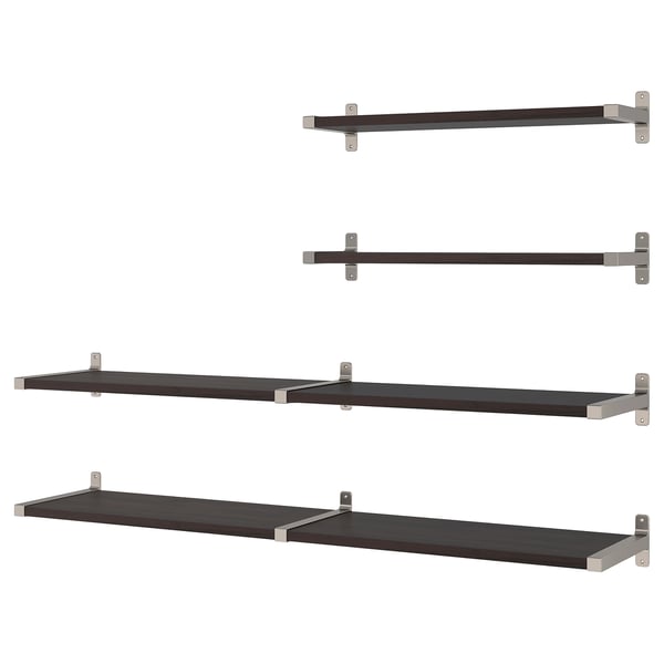Four rustic black wall shelves with metal brackets arranged in a row.