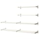 Four white wall shelves with metallic brackets in a clean, minimalist design, ideal for custom storage.