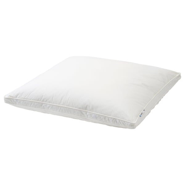 White BERGVEN pillow: soft down fill, firm feather core, cotton cover, rectangular shape.