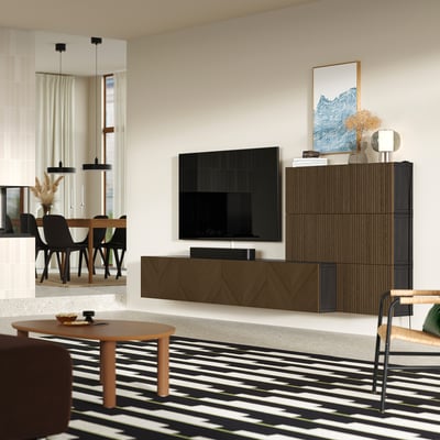 BESTÅ Media storage combination, black-brown Björköviken/Hedeviken brown stained oak veneer, 300x42x114 cm