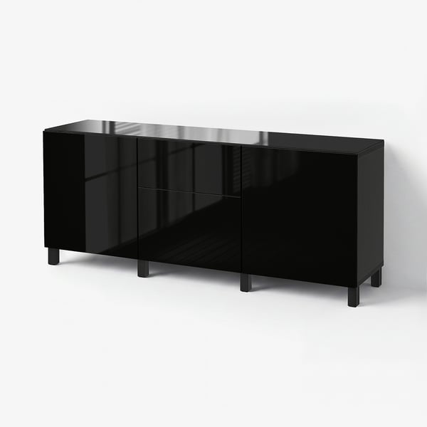 BESTÅ Storage combination w doors/drawers, black-brown/Selsviken high-gloss/black, 180x42x74 cm