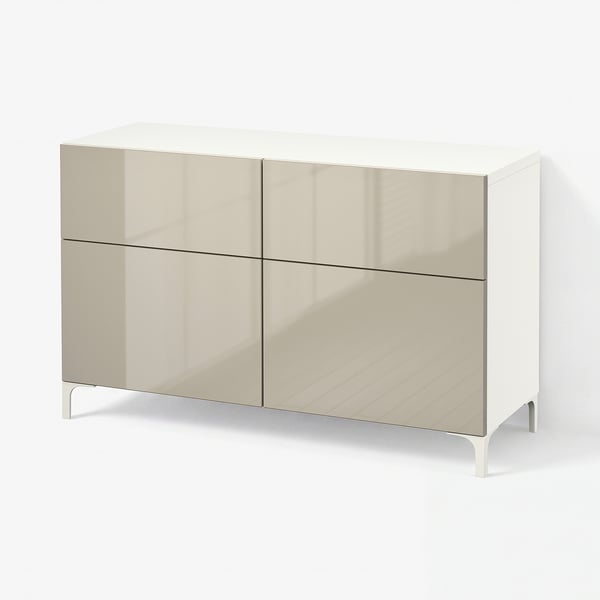 BESTÅ Storage combination w doors/drawers, white/Selsviken high-gloss/beige, 120x42x74 cm