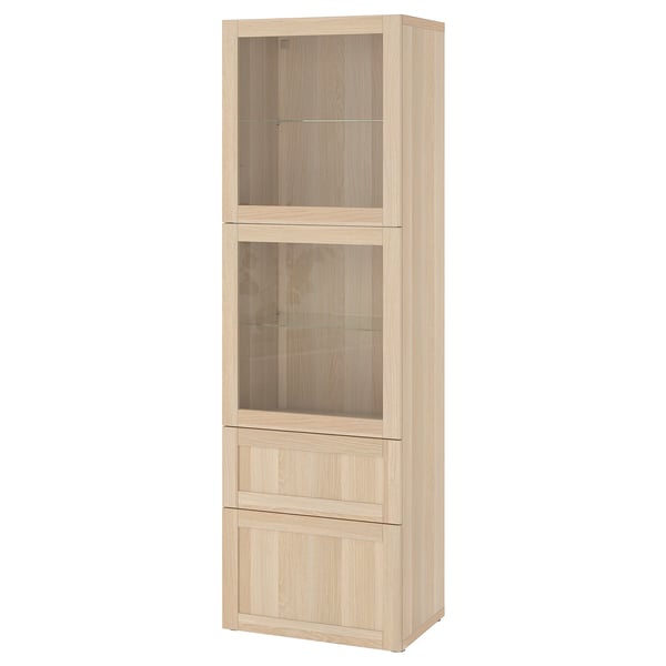 BESTÅ tall wooden cabinet, light oak, glass doors, adjustable shelves, drawers.