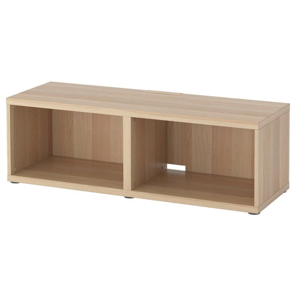 White-stained oak ikea BESTÅ tv bench with open storage.