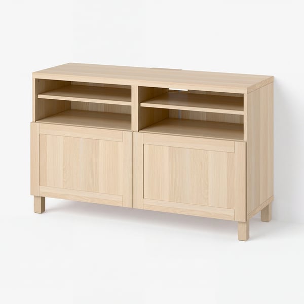 BESTÅ TV bench with doors, white stained oak effect/Hanviken/Stubbarp white stained oak effect, 120x42x74 cm