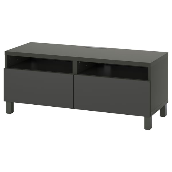 Black BESTÅ tv stand with 2 drawers & open shelves. Modern minimalist design with square legs.
