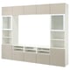 An off-white BESTÅ tv storage unit with various shelves and cabinets for organised storage, featuring both open and closed sections.