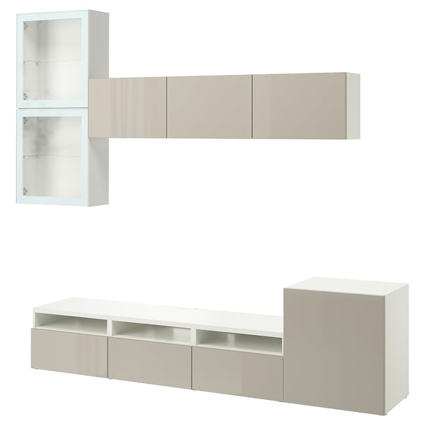 BESTÅ tv unit set, white & beige. Modern, minimalist design with wall-mounted cabinets & storage units.