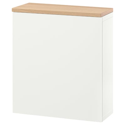 A white BESTÅ storage cabinet. Its rectangular, with a wooden top. Made of particleboard and covered in white foil.