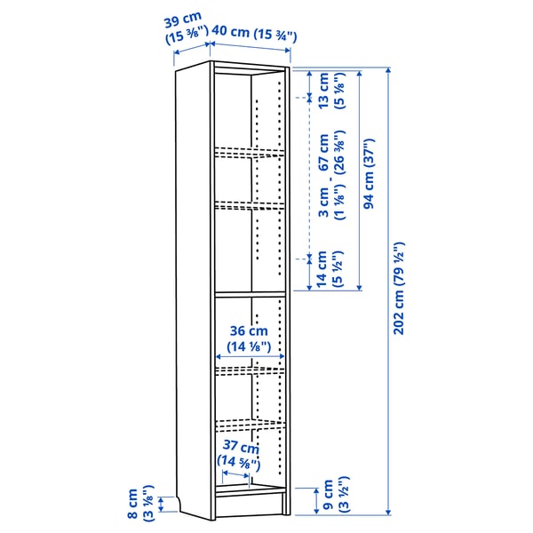Illustration with measurements for the product: BILLY.