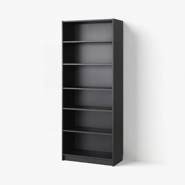 Black BILLY bookcase, 5-shelf, standing against a white wall. Simple, modern design for versatile storage.