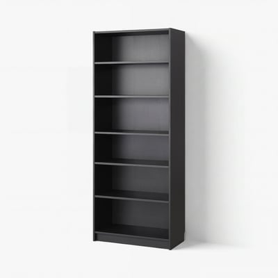 Black BILLY bookcase, 5-shelf, standing against a white wall. Simple, modern design for versatile storage.