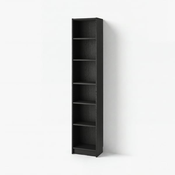 Black BILLY bookcase: sleek, tall, six open shelves, wooden finish.