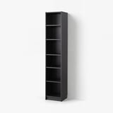 A tall, black BILLY bookcase with five shelves, designed for storage and display.