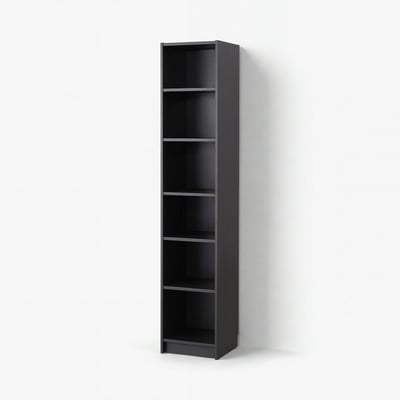 A tall, black BILLY bookcase with five shelves, designed for storage and display.