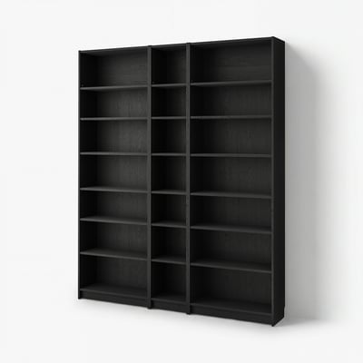 Black BILLY bookcase, modern, wall-mounted, with multiple empty shelves.