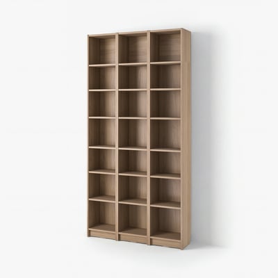 BILLY bookcase - tall, light brown, wooden, rectangular, minimalist design, three sections.