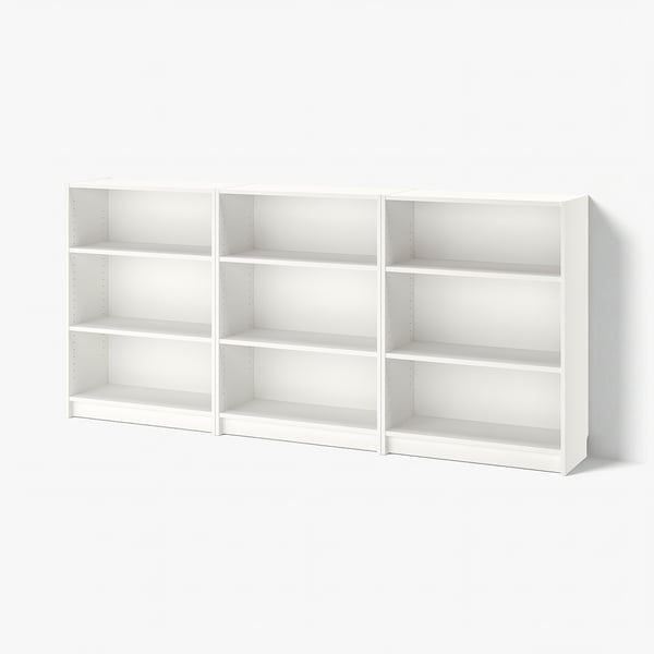 White BILLY bookcases - threeisation, adjustable, minimalist design.