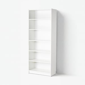 White BILLY bookshelf, five vacant shelves, rectangular shape, simple modern design, particleboard material.