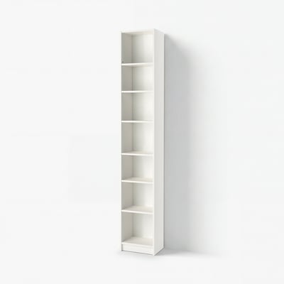 A tall BILLY bookcase in white, featuring multiple adjustable shelves. It is designed for efficient storage and has a sleek, minimalist look.