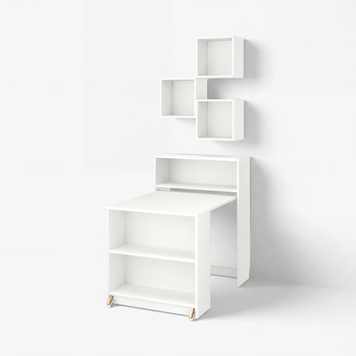 White multi-unit bookcase and table. Three wall-mounted cube shelves, main unit with foldable desk.