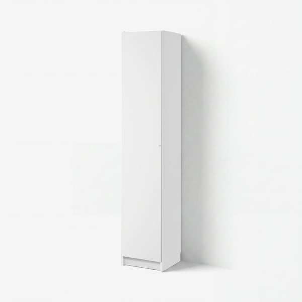 White BILLY bookcase, tall, rectangular, single door, stands alone, minimalist design, simple storage.