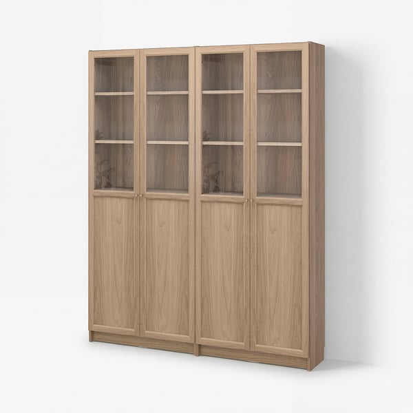 Light brown BILLY bookcase with glass doors, six compartments.