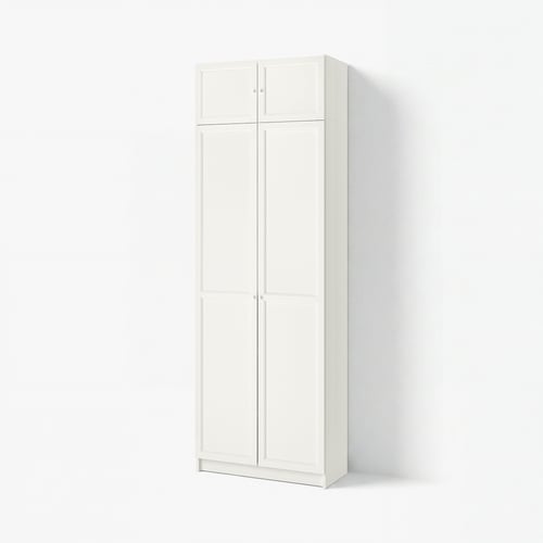 A white BILLY bookshelf with two doors, featuring an adjustable shelf and clean, modern design.