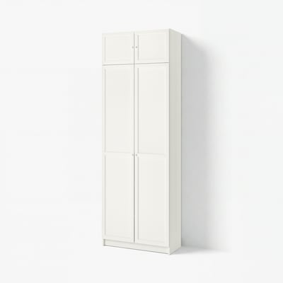 A white BILLY bookshelf with two doors, featuring an adjustable shelf and clean, modern design.