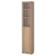 A BILLY bookcase in oak finish, featuring a wooden frame and glass door.