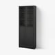 Black BILLY bookcase, sleek design with glass doors, storage furniture.