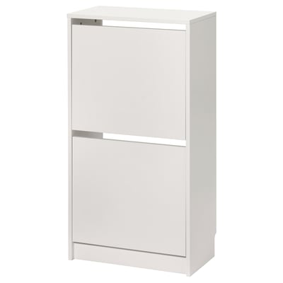 A white BISSA shoe cabinet. This functional piece has two sections for organised storage, with a sleek design suitable for hallways.