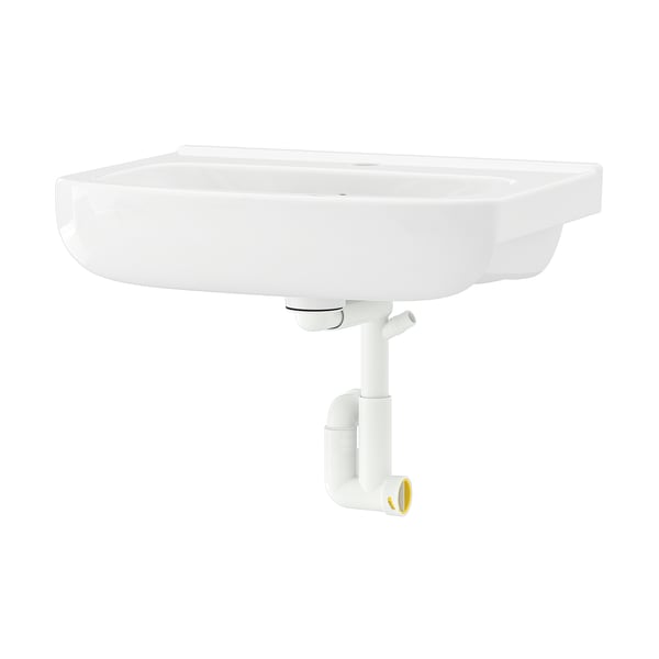 BJÖRKÅN white ceramic wall-mounted sink; sleek, rectangular design; includes trap assembly.