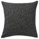 Square black throw pillow with white polka dots, featuring a zip closure.