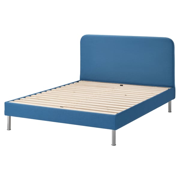 The BLÅFJÄLLET bed in blue a plush, upholstered headboard and footboard with wooden slats for support.