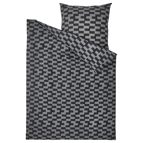BLÅSKATA grey chequered bedding - duvet & pillowcase, soft cotton-viscose blend.