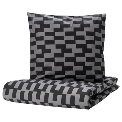 Black & grey geometric duvet set, square pillow, soft cotton-viscose, modern pixel design.