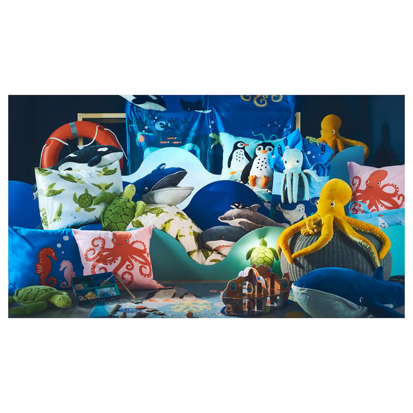 Octopus lamp, BLÅVINGAD, yellow, soft, 8-armed, cuddly, glow-in-dark head, recycle material.