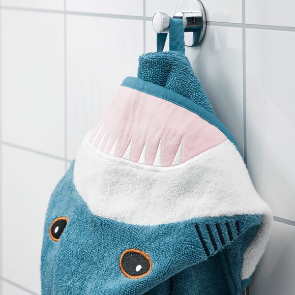 Hanging shark towel, featuring hood and loop for easy drying after baths.