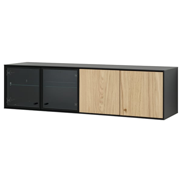A dark grey and light wood wall shelf with glass and wooden doors. Modern, rectangular, and sleek design.