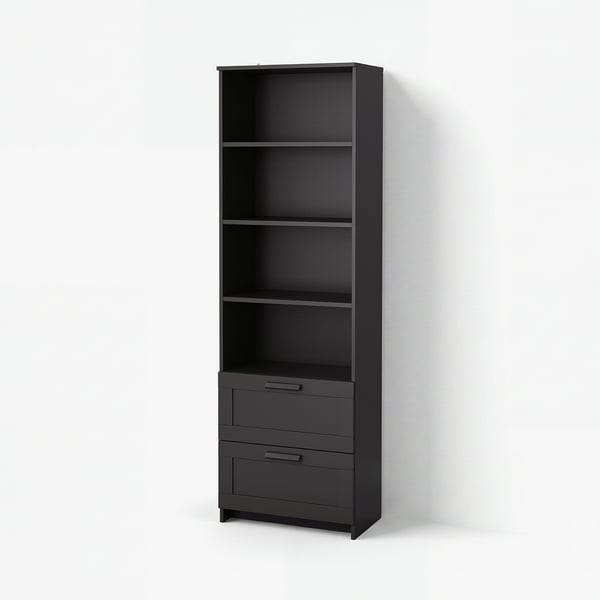Black BRIMNES shelf unit with 3 open shelves and 2 drawers, modern and simple.